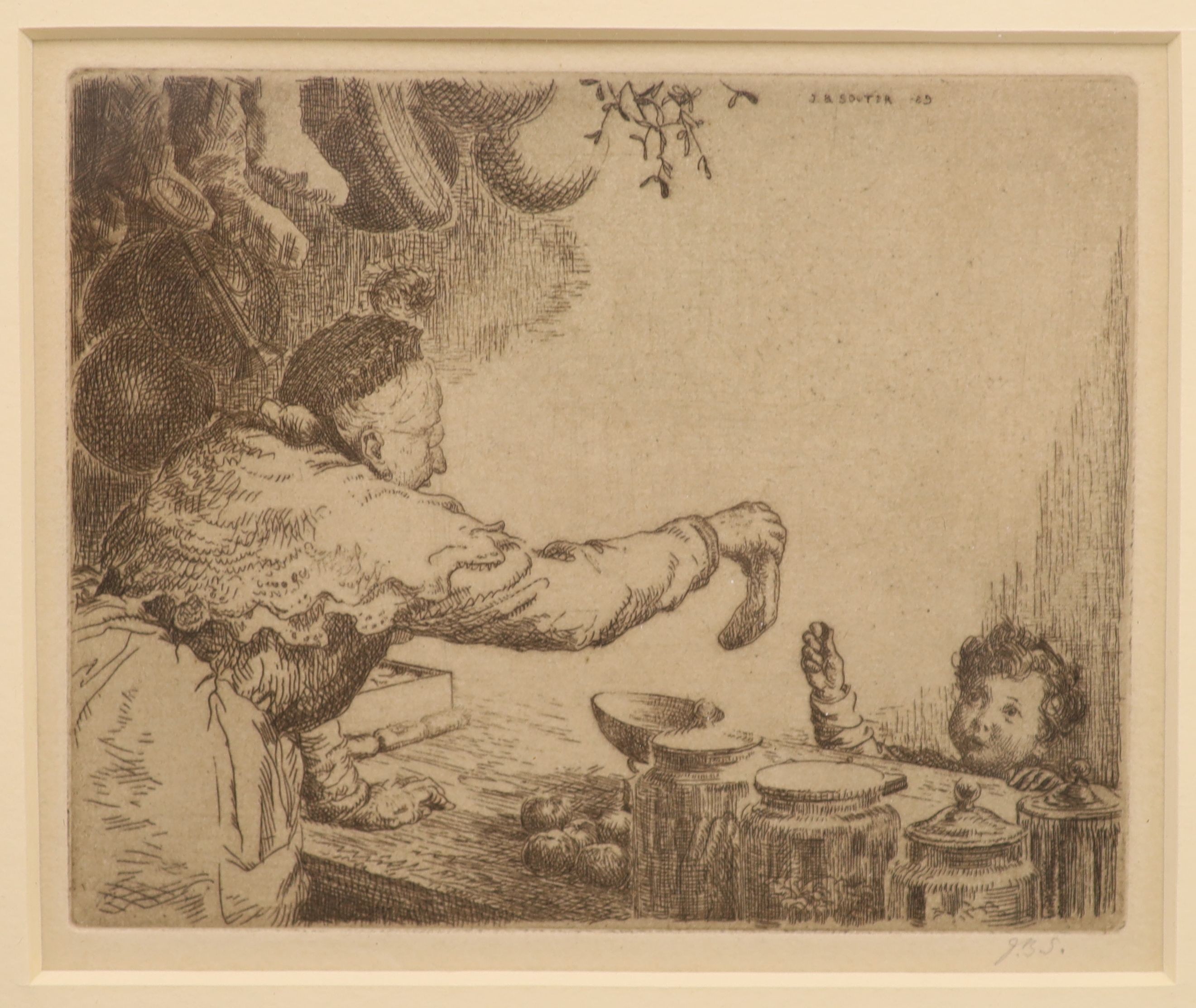 Eileen Alice Soper (1905-1990), etching, Tug of War, signed in pencil, 10 x 17cm and an etching by John Souter, 10 x 12cm